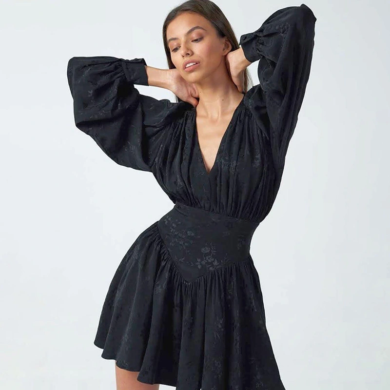 Jacquard Ruffled Waist Slim Dress