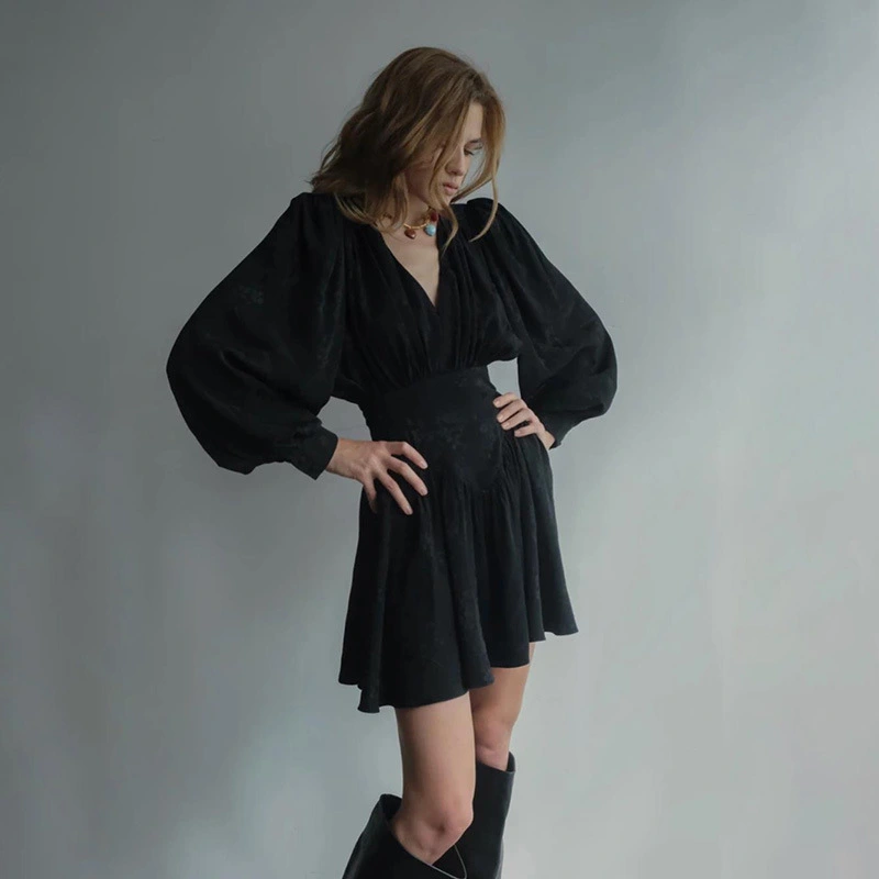 Jacquard Ruffled Waist Slim Dress