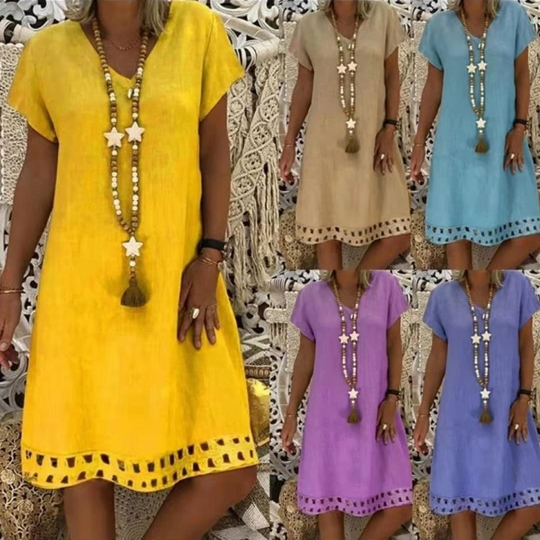 Short Sleeved Midi Skirt Autumn And Summer V Neck Dress