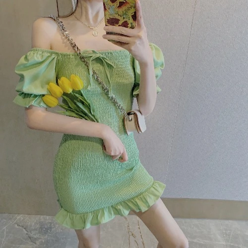 Women's Short Dress With Bow Neckline And Ruffles