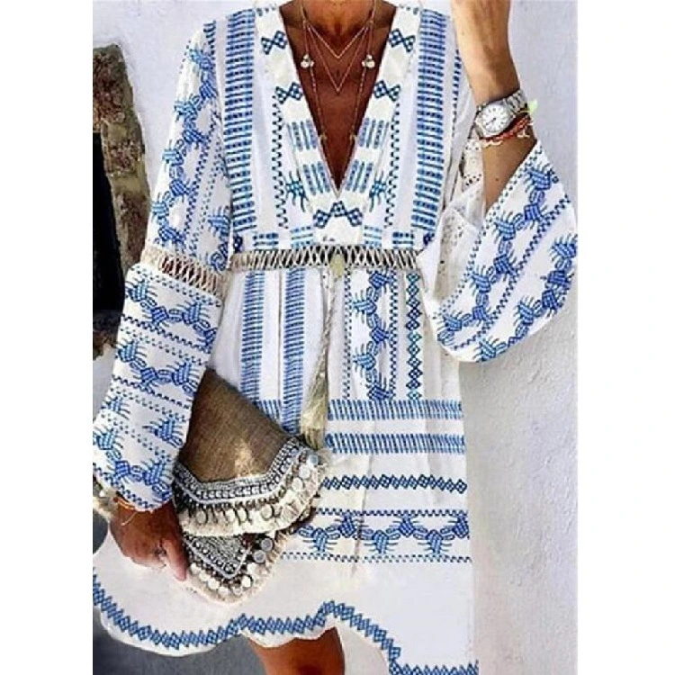 New Ethnic Style Geometric Print V Neck Flared Long Sleeved Lace Atitching Dress