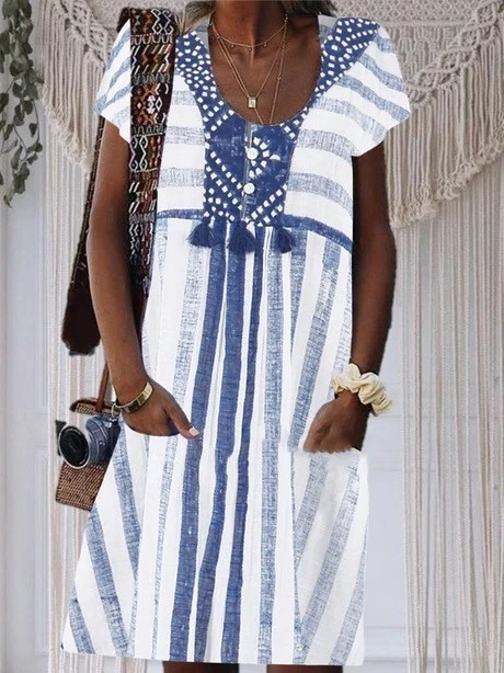 New Ladies Short Sleeved Striped A Line Dress