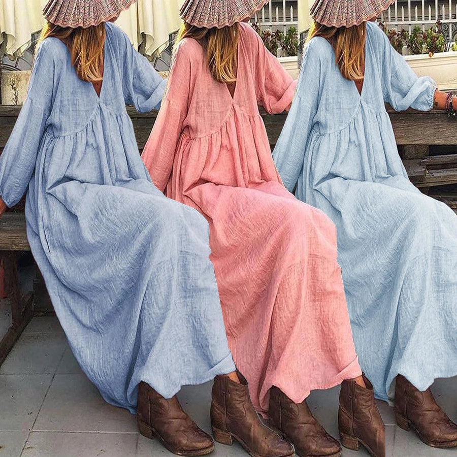 Fashion V Neck Loose Sleeve Casual Dress Long Skirt
