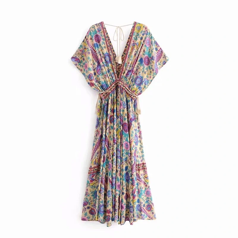 European And American Women's Summer New Style Fengxiang Bird V-Neck Fringed Lace-Up Dress