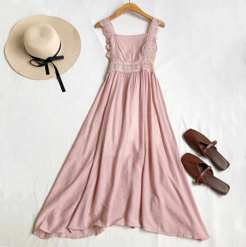 Wind Lace Sling Tube Top Waist Slimming Mid-Length Dress Women
