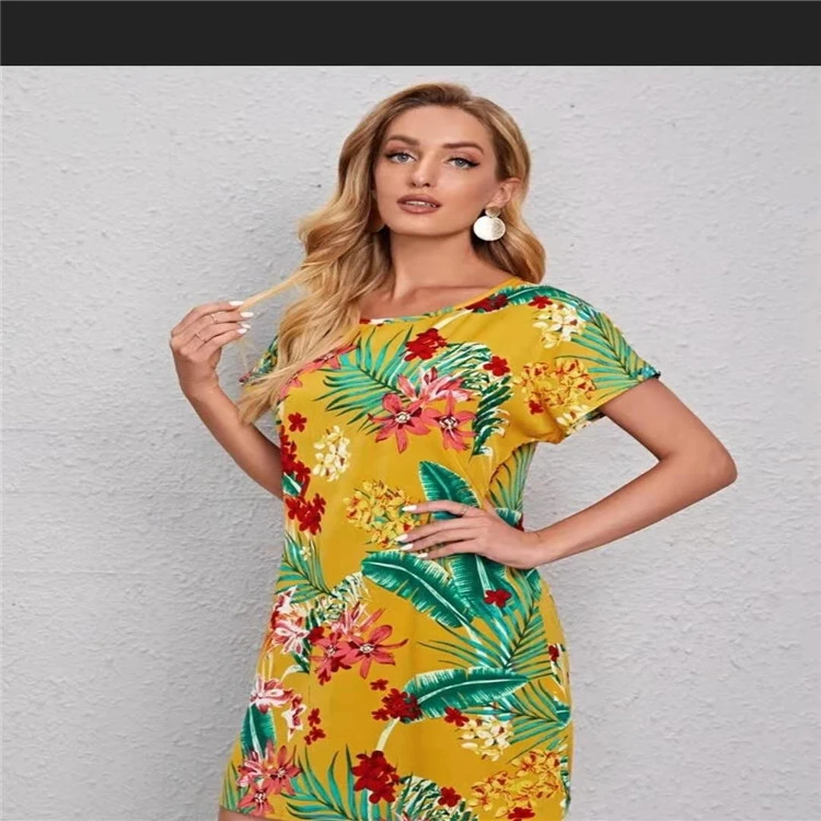 Women's Yellow Printed Rich Flower Round Neck Simple Dress