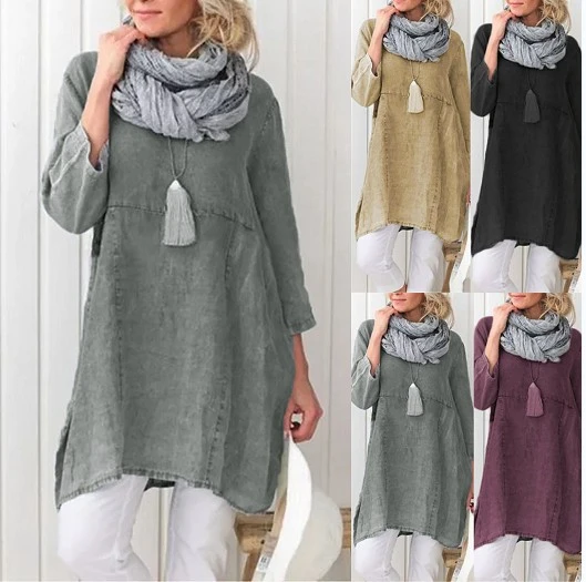 Cotton And Linen Mid-Sleeve Plus Size Blouse