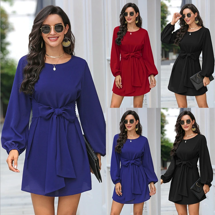 Solid Color Waist Loose Long-Sleeved Dress