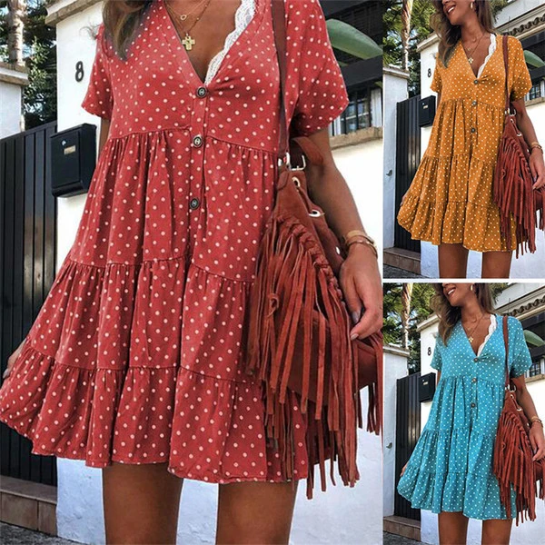 V-neck Short Sleeve Printed Polka Dot Dress