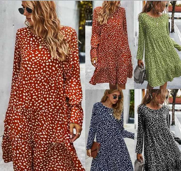 Spring And Autumn Printed Cotton Silk Women's Dress