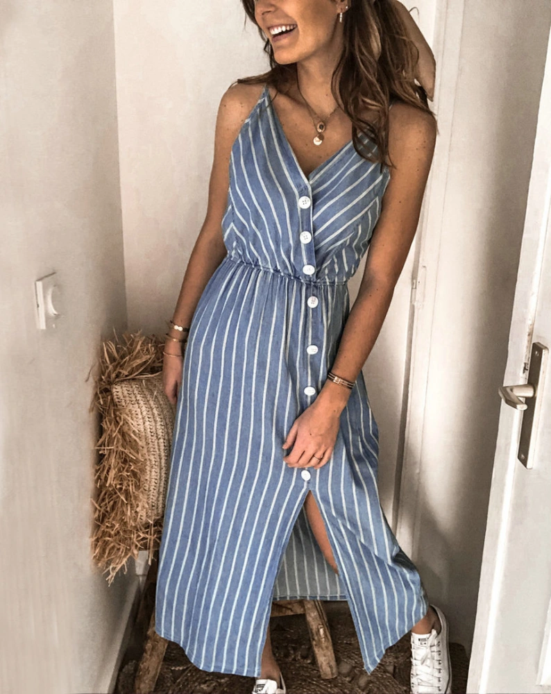 European And American V-neck Sling Split Striped Dress