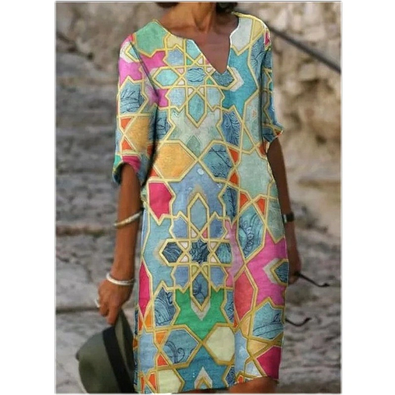 Vintage Digital Print Five-point Sleeve Dress