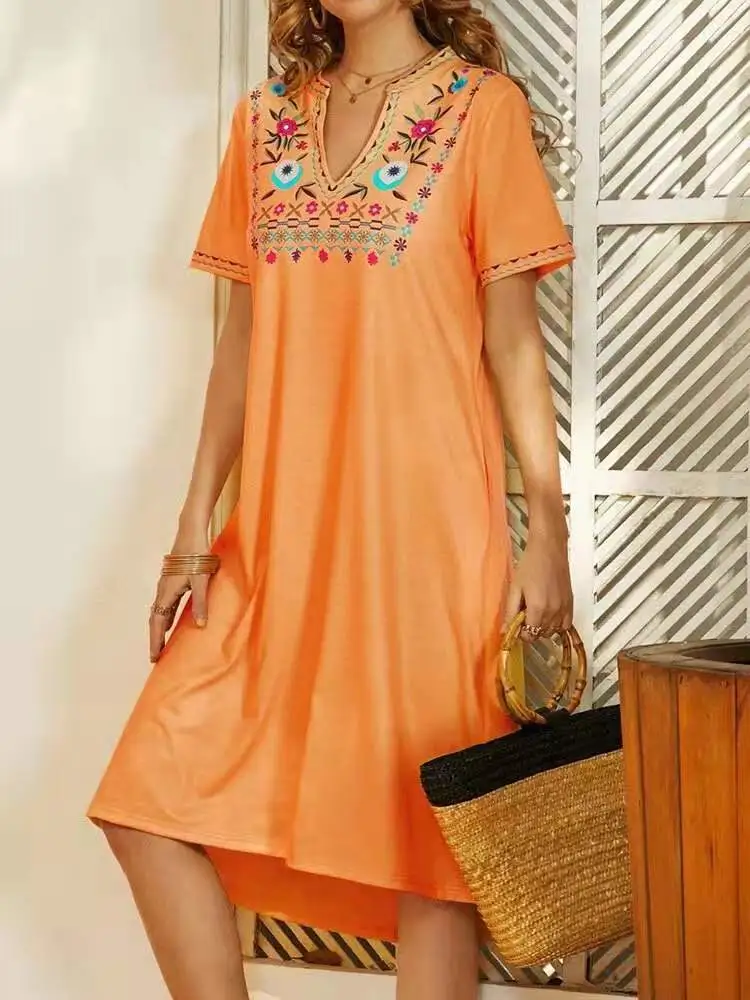 Long Skirt V-neck Loose Print Dress