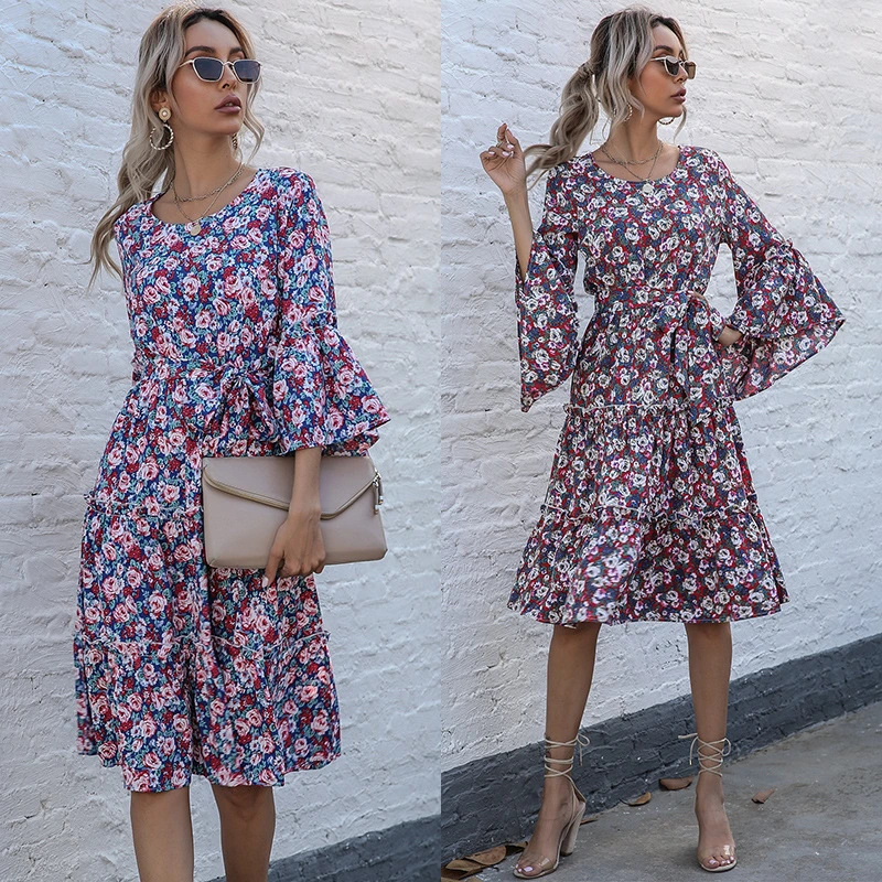Chiffon Floral Round Neck Neck Slim Long Sleeve Dress