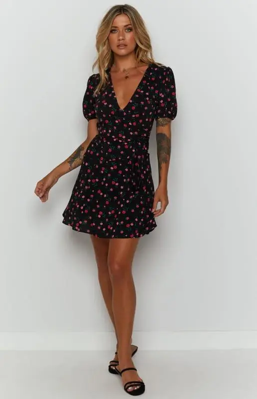 AliExpress Zinc Spring New Hot Sale Deep V Short-Sleeved Flower Print Waist Slim Dress