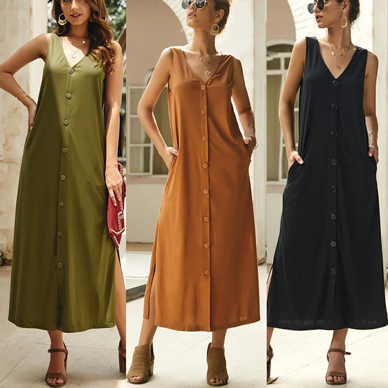 Ladies Summer Solid Color Single Breasted One Piece Dress