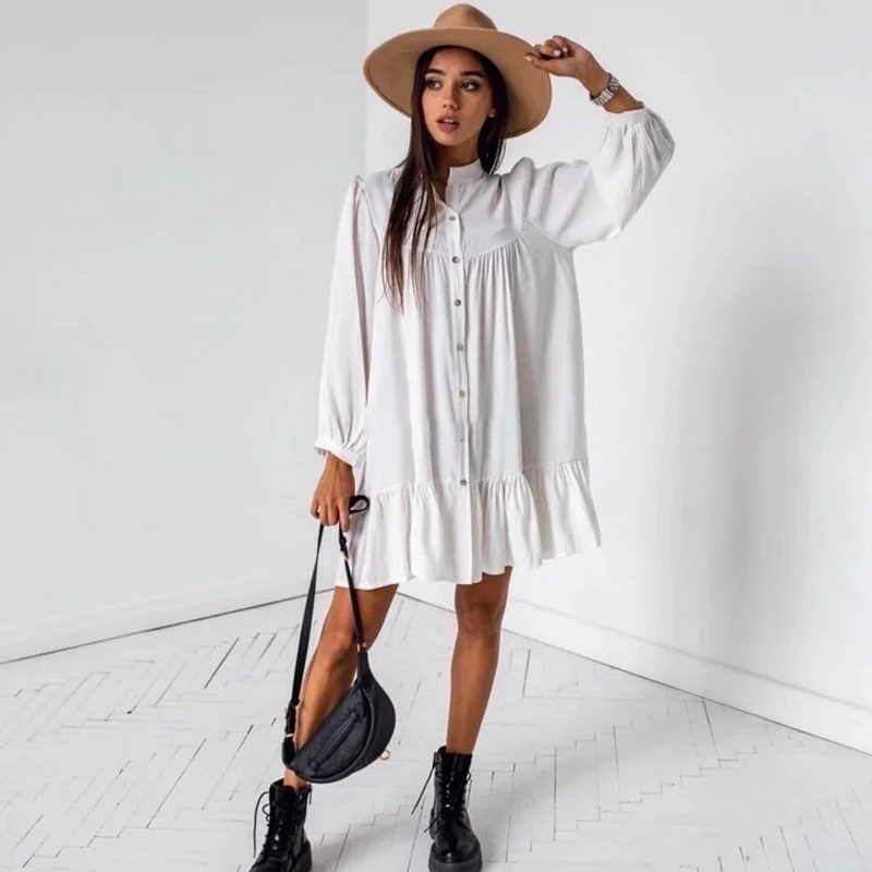 Long-Sleeved Single-Breasted Ruffle Dress