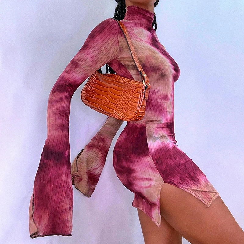 Spring New Women'S Fashion Trumpet Sleeves Sexy High Slit Bag Hip Print Dress Women