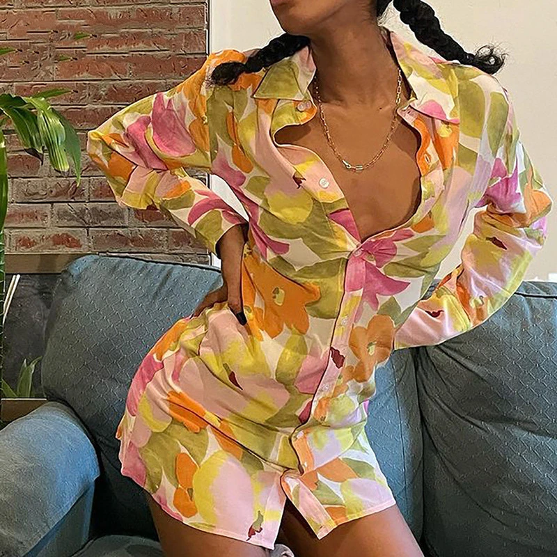 Floral Print Long Sleeve Shirt Dress Women V Neck Dress