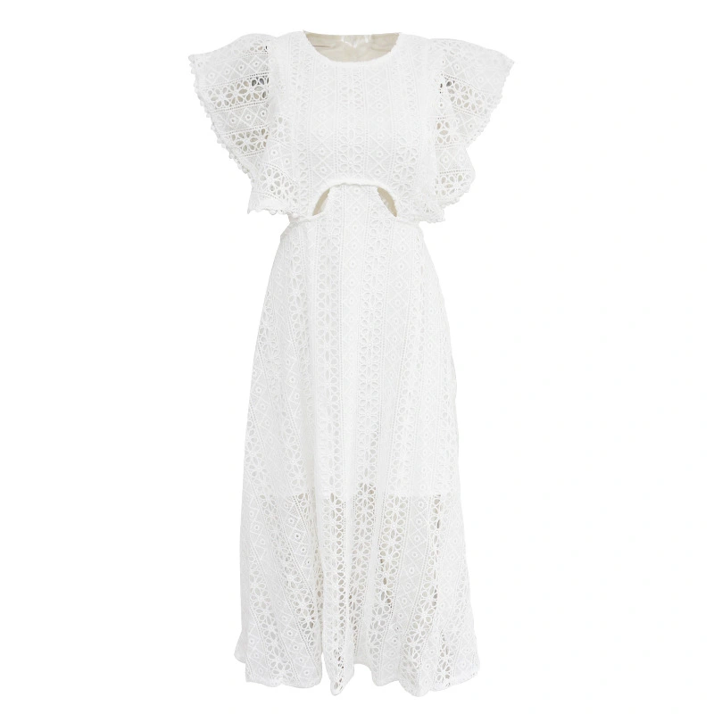 Spring New Fashion Round Neck Short-Sleeved Lace Stitching Waist Slim Mid-Length Dress