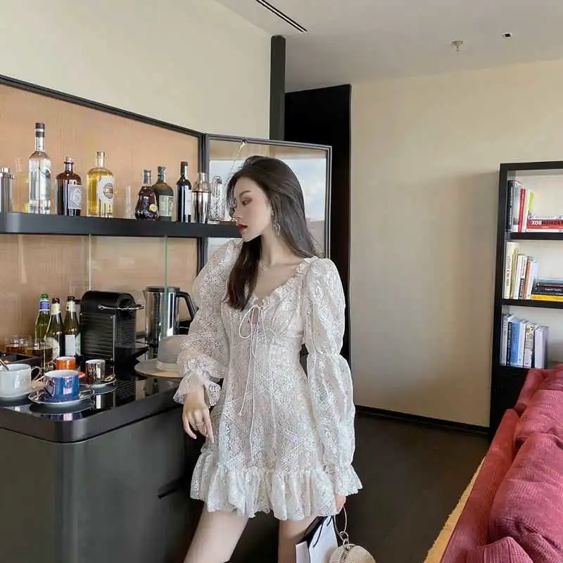 Sexy V-neck Open Back Long Sleeve Hollow Lace Dress