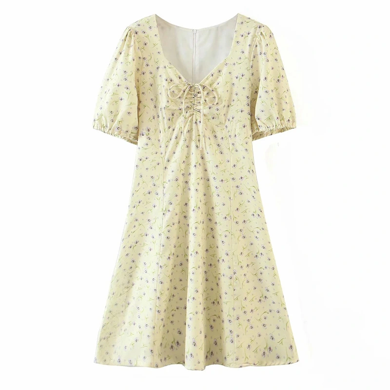 Summer New Style Chest Drawstring Straps, Floral Print, Puff Sleeves, Waist