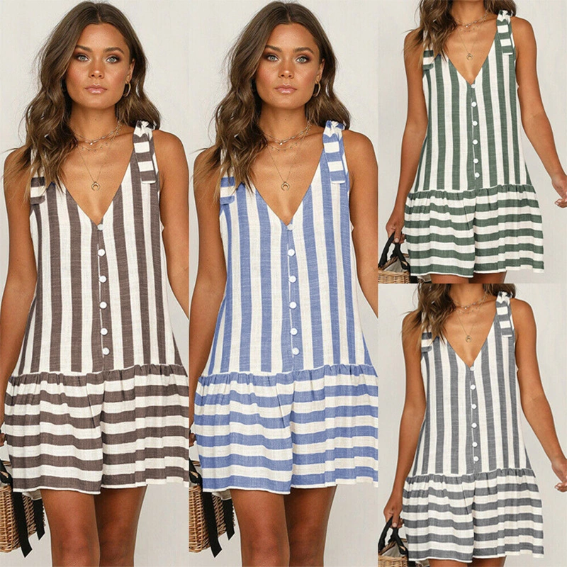 Sleeveless Striped Button Patchwork Dress