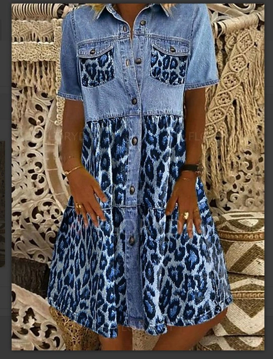 Mid-waist Printing Urban Casual Mid-length Blue Mid-length Dress