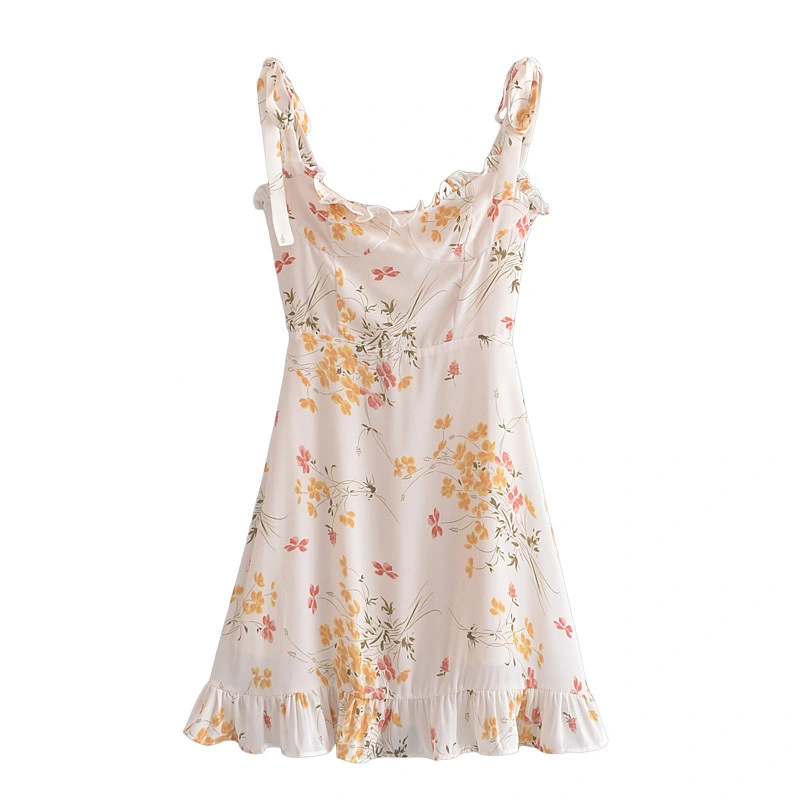  Spring French Pastoral Style Small Fresh Floral Print Slim-Fitting Wooden Ear Lace-Up Dress