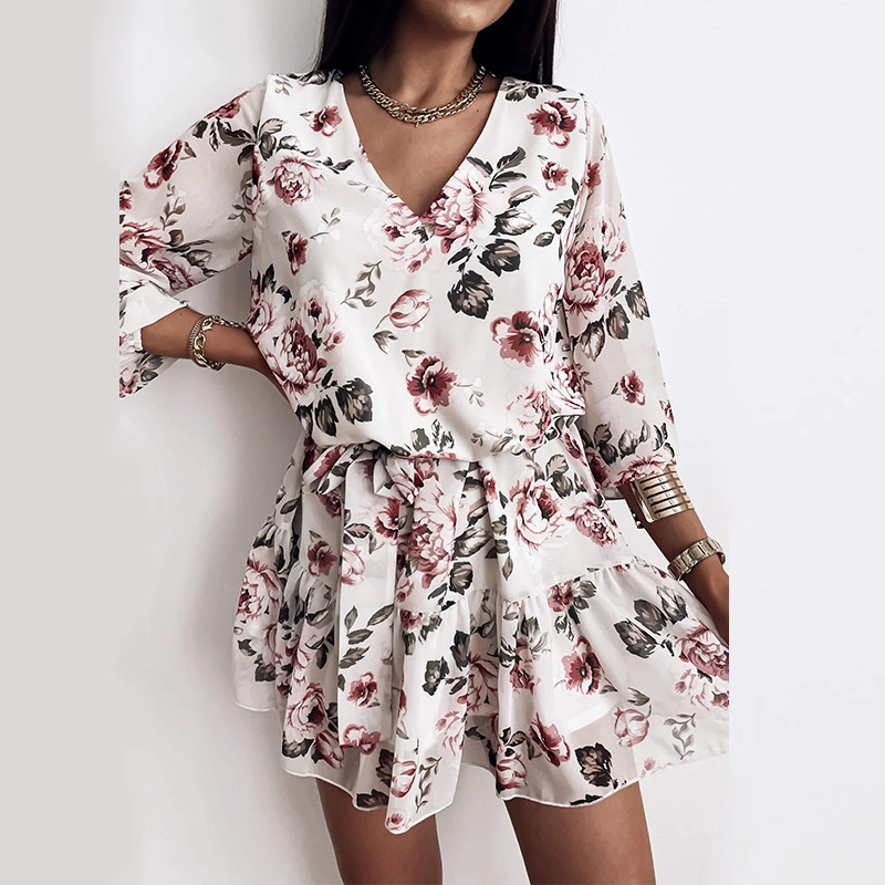 European And American Style, High Waist, Thin, Rural, Fresh, V-Neck Design, Printed Dress, Short Skirt, Women