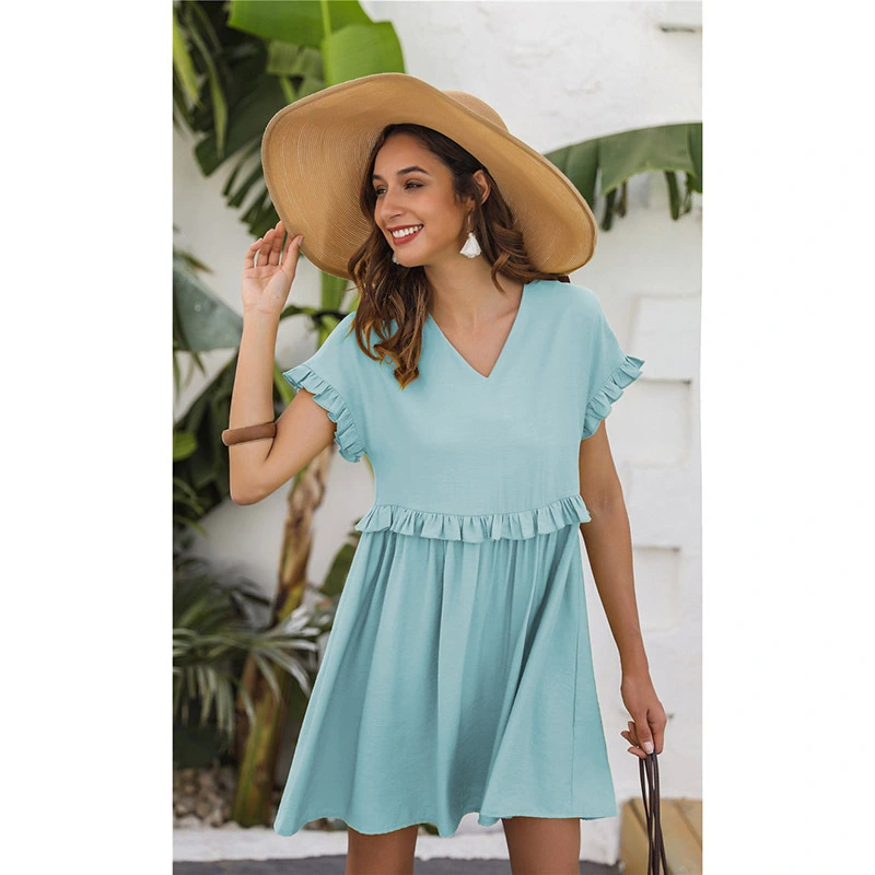 Pure Color Dress Short Sleeve Pleated Skirt Women's Dress