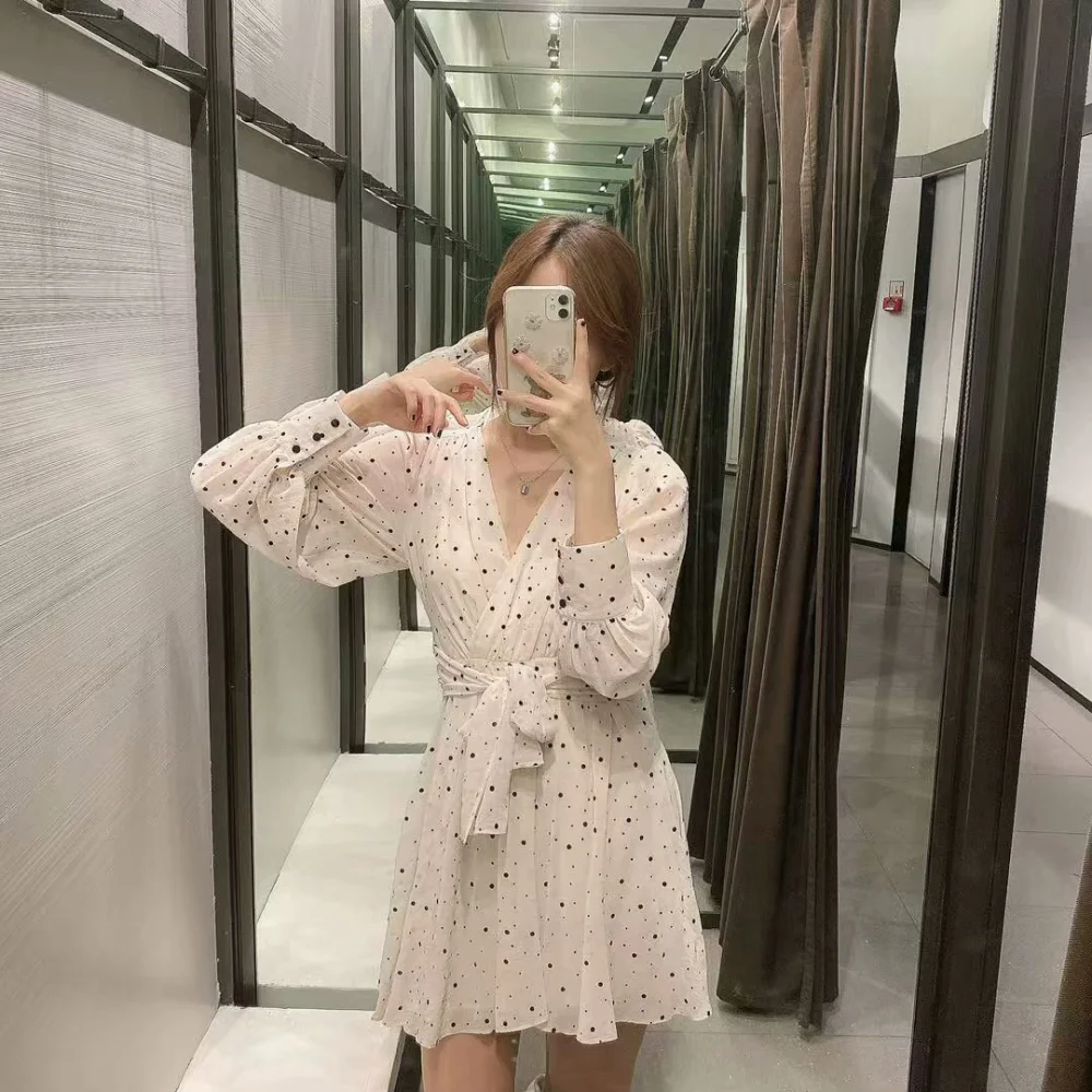 Girls Tie Polka Dot Mini Lace Dress