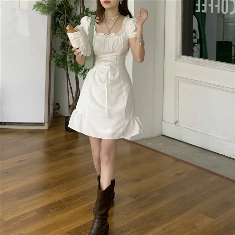 Square Neck Bubble Short-Sleeved Dress Female Summer Lace-Up Waist Was Thin A-Line Skirt