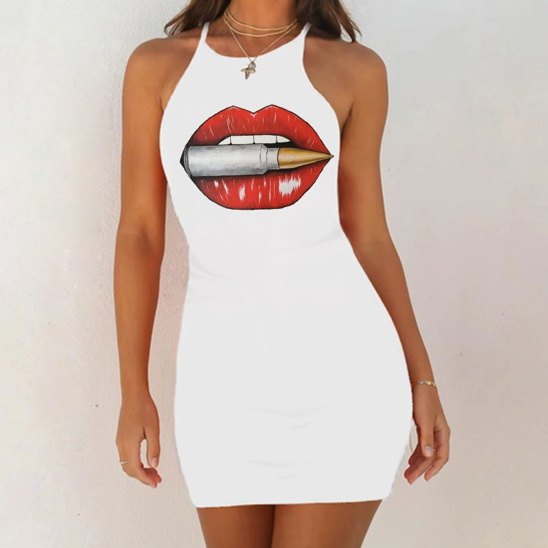 New Round Neck Slim-Fit Vest Skirt Casual White Print Suspenders