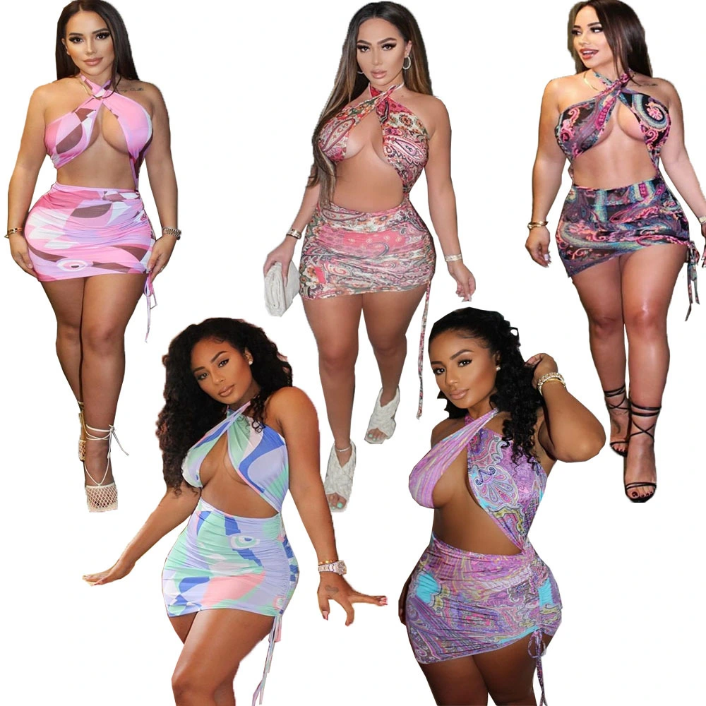 European And American Women'S Sexy Print Drawstring Strap Dress