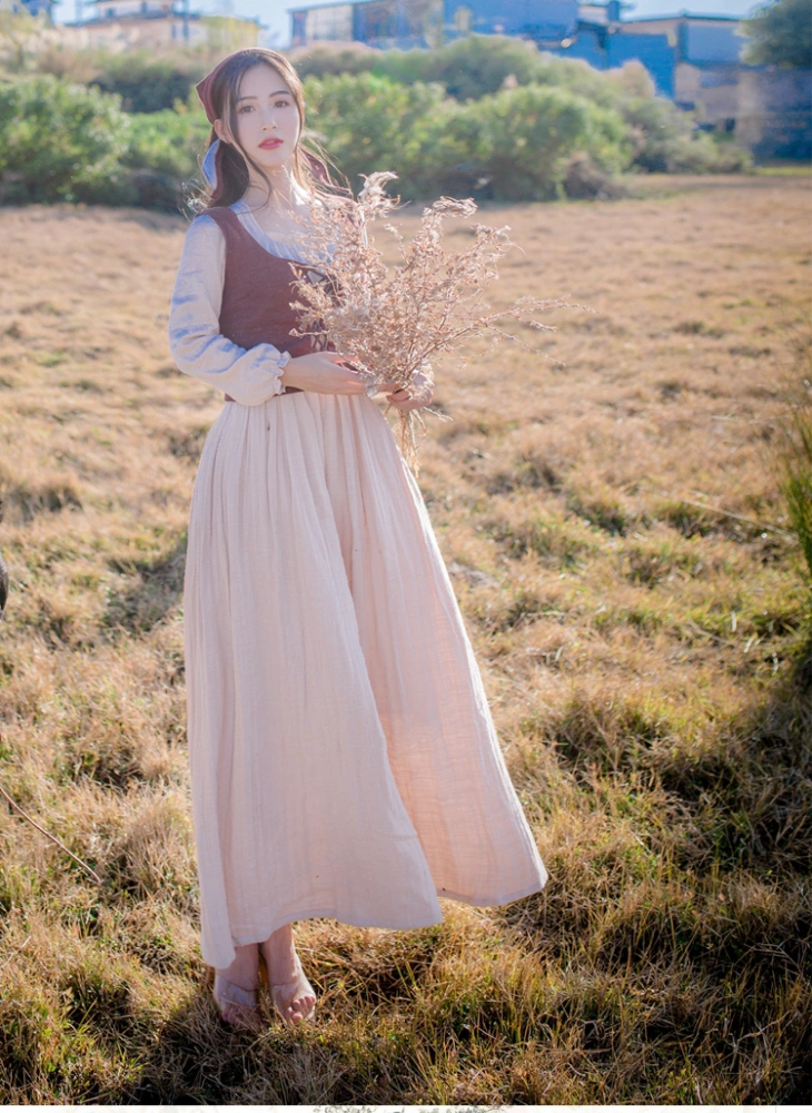 Pastoral Style Vintage Vest Two-Piece Cotton And Linen Dress Vest