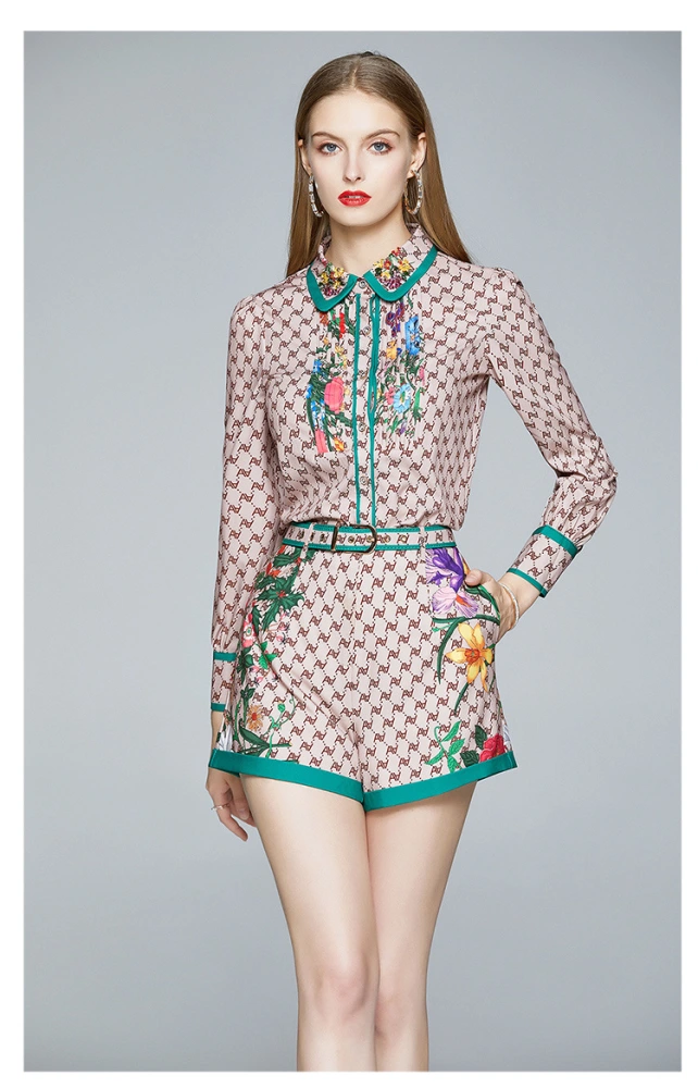 European Fashion Two Piece Set New Women's Wear Lapel Shirt High Waist Shorts Foreign Style Suit