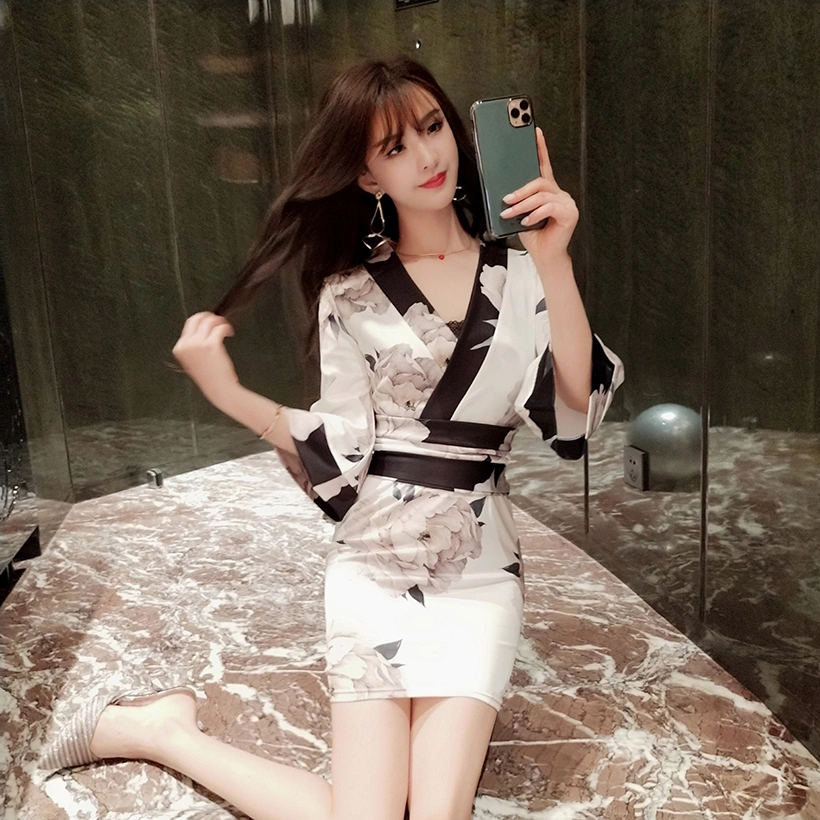 Women'S Retro Big Flower Sexy Improved Kimono Design Slim Bag Hip Dress With Girdle