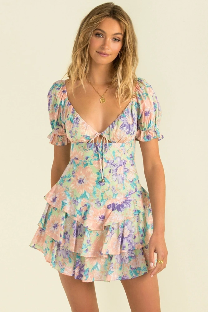 Printed Waist Slimming Lace Up Short Sleeved Dress Women's Clothing