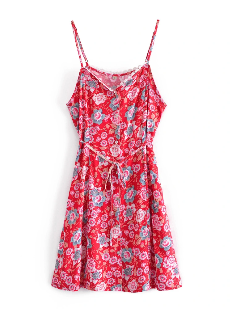 Spring New Style European And American Style Flower Print Lace-Up Rayon Mini Sling Dress