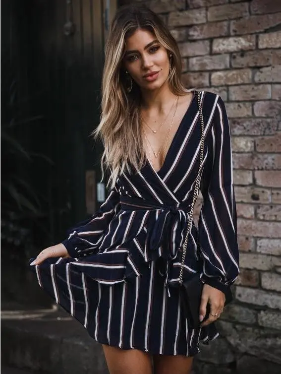 Women's Autumn New Style V-Neck Striped Long-Sleeved Dress
