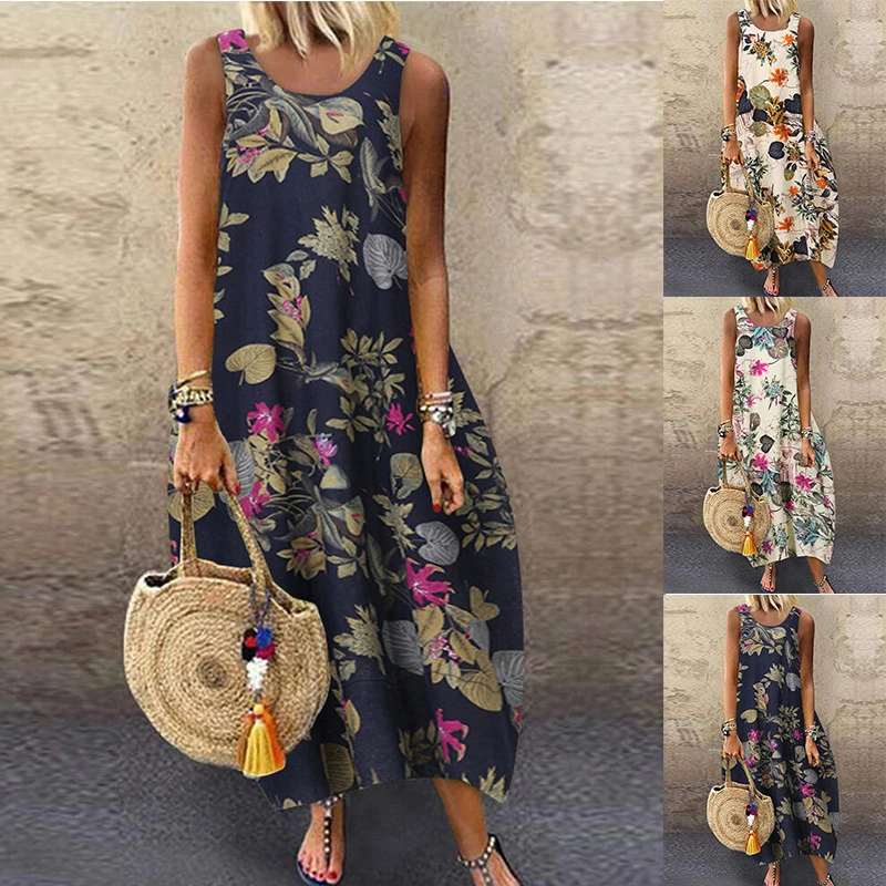 New Ethnic Style Print Mid Length Round Neck Pullover Sleeveless Vest Skirt