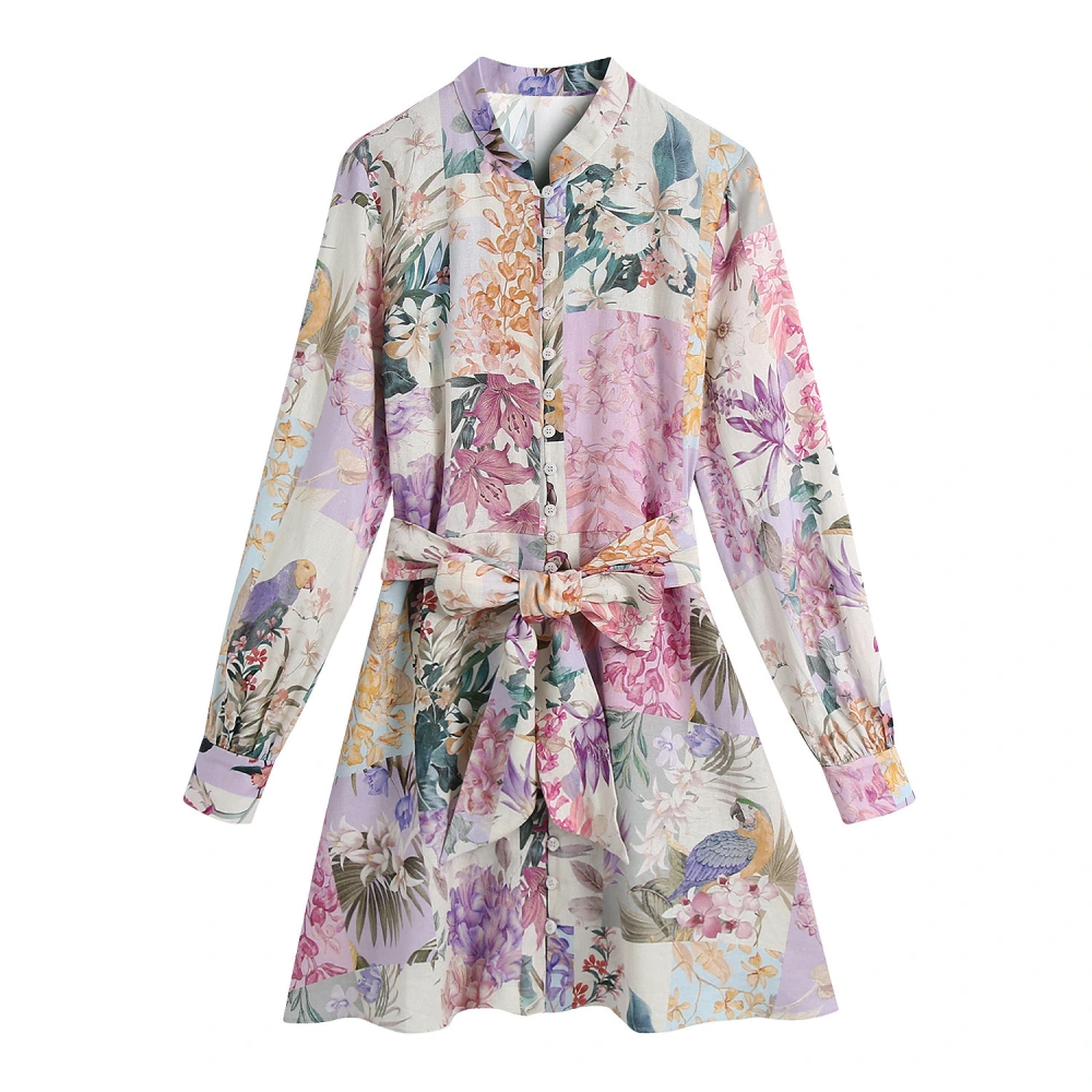 Spring New Products European And American Style Women'S Long-Sleeved Flower Printed Shirt Dress