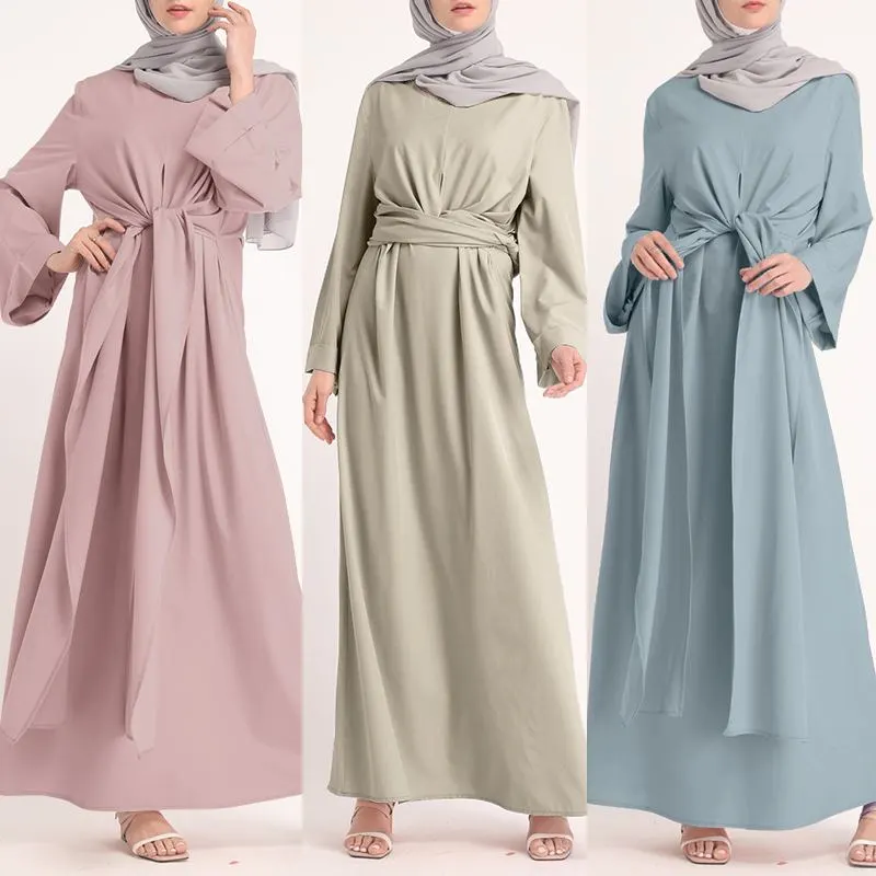 Long-Sleeved Belt Solid Round Neck Dress