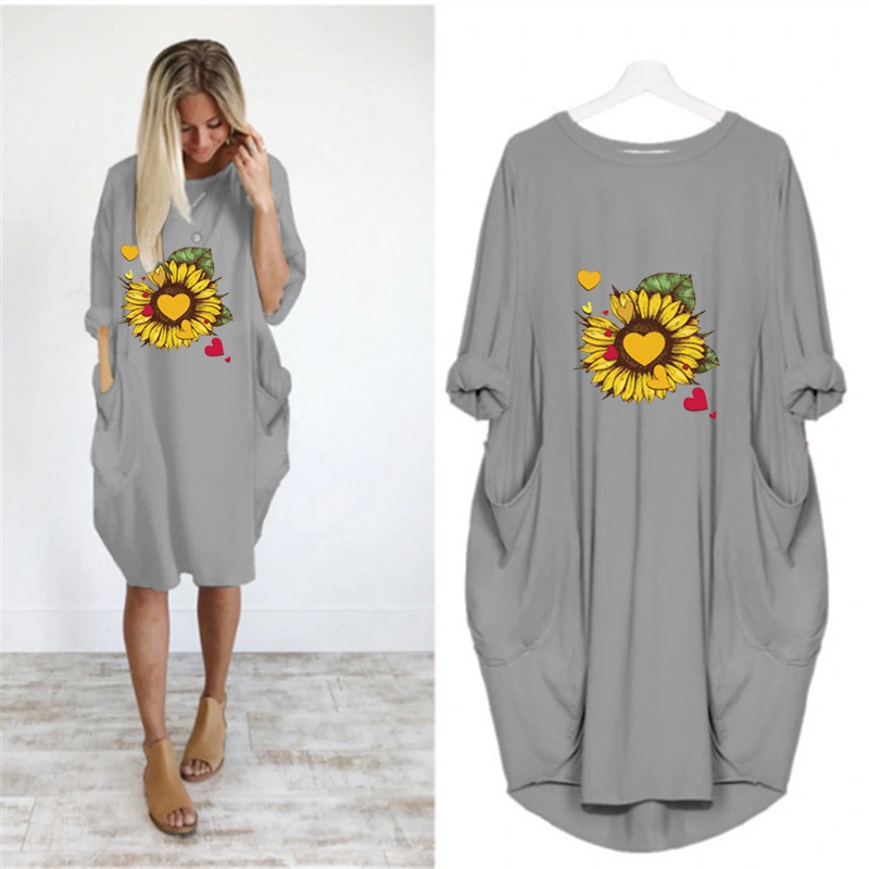 Love Sunflower Flower Pocket Dress Loose