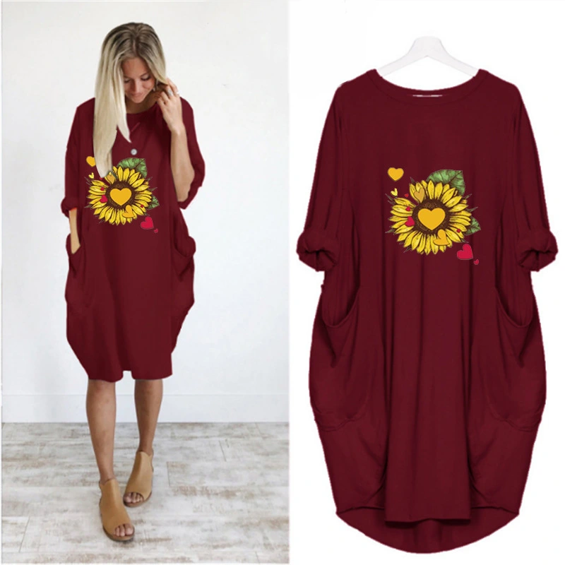 Love Sunflower Flower Pocket Dress Loose