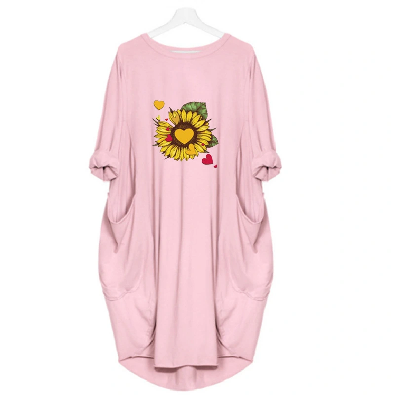 Love Sunflower Flower Pocket Dress Loose