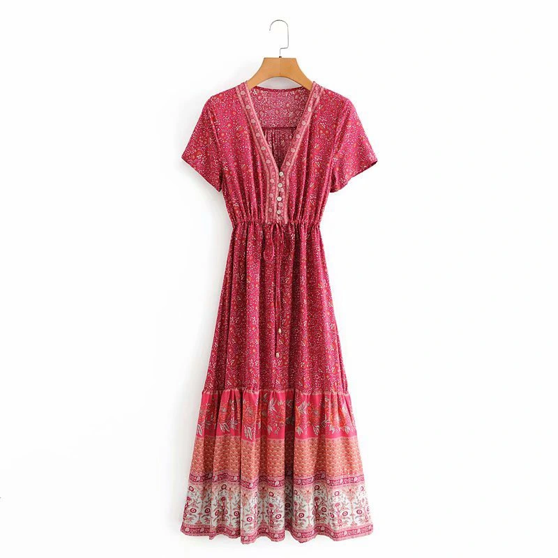 Printed Dress Deep V-Neck Waist Long Skirt