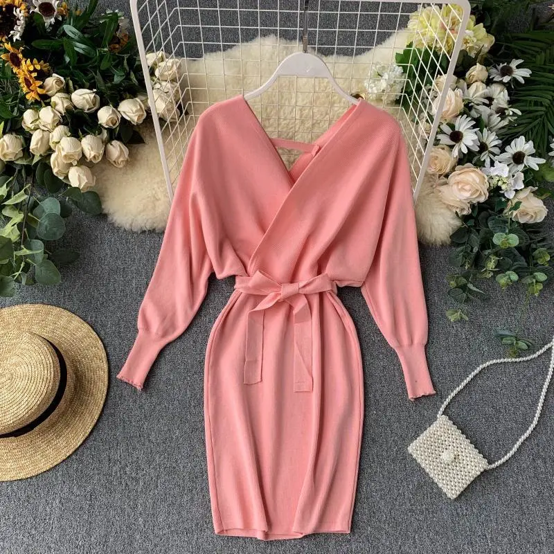 Autumn Winter Knitted Dress New Korean V-Neck Slim Fitting Bat Sleeve Sweater Sexy Buttock Bottomed Skirt
