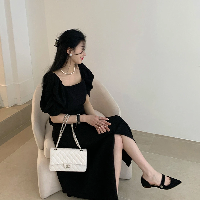 Gentle Temperament Puff Sleeve Black Dress